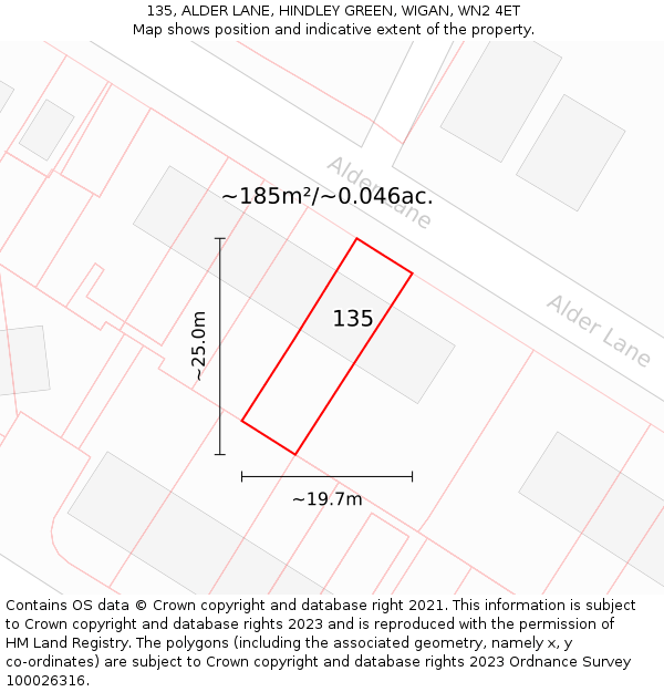 135, ALDER LANE, HINDLEY GREEN, WIGAN, WN2 4ET: Plot and title map