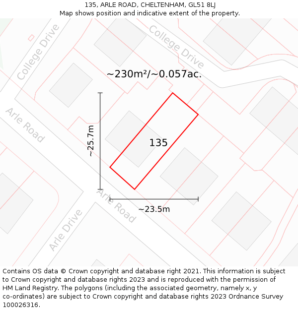 135, ARLE ROAD, CHELTENHAM, GL51 8LJ: Plot and title map