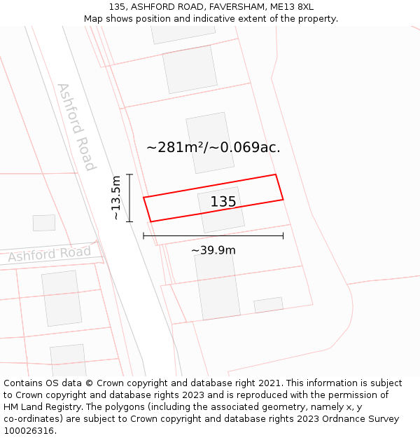 135, ASHFORD ROAD, FAVERSHAM, ME13 8XL: Plot and title map