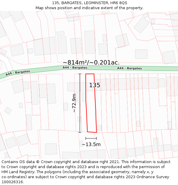 135, BARGATES, LEOMINSTER, HR6 8QS: Plot and title map