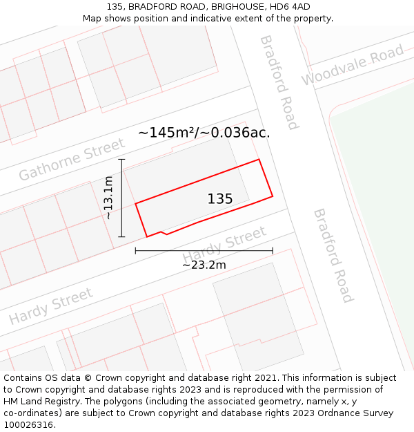 135, BRADFORD ROAD, BRIGHOUSE, HD6 4AD: Plot and title map