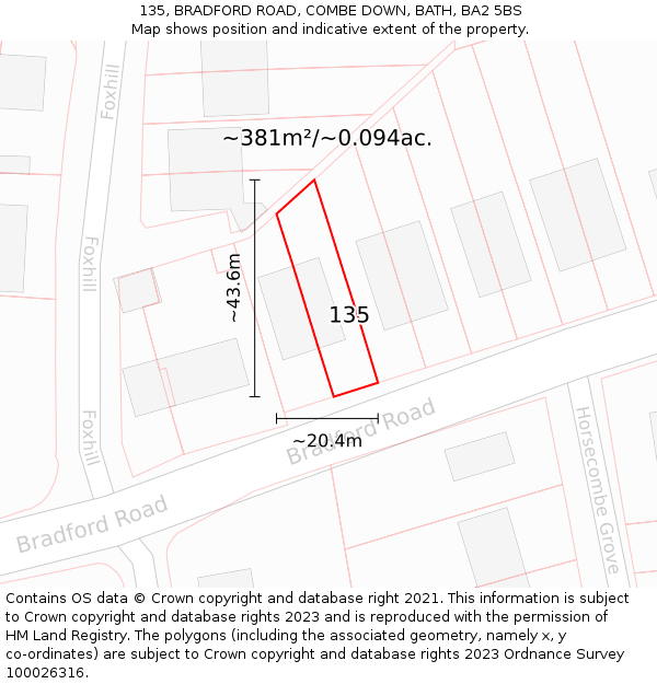 135, BRADFORD ROAD, COMBE DOWN, BATH, BA2 5BS: Plot and title map