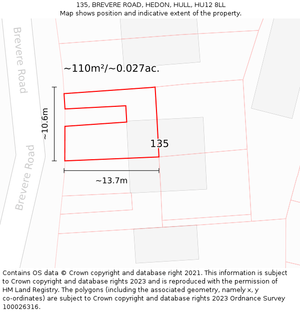 135, BREVERE ROAD, HEDON, HULL, HU12 8LL: Plot and title map