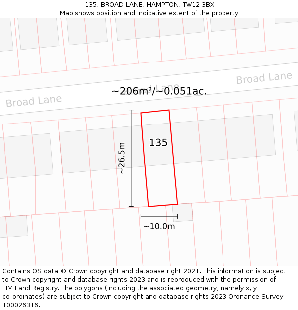 135, BROAD LANE, HAMPTON, TW12 3BX: Plot and title map