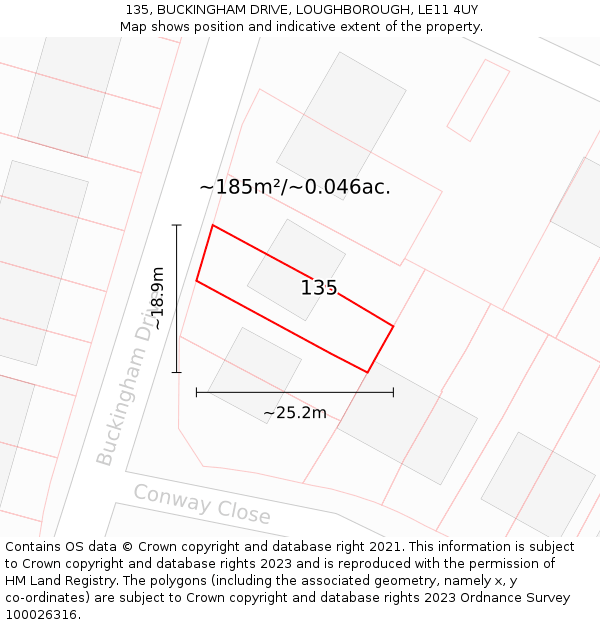 135, BUCKINGHAM DRIVE, LOUGHBOROUGH, LE11 4UY: Plot and title map