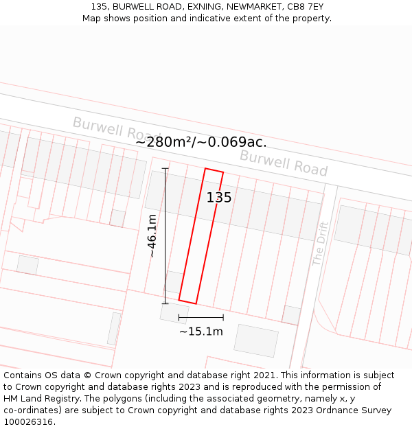 135, BURWELL ROAD, EXNING, NEWMARKET, CB8 7EY: Plot and title map