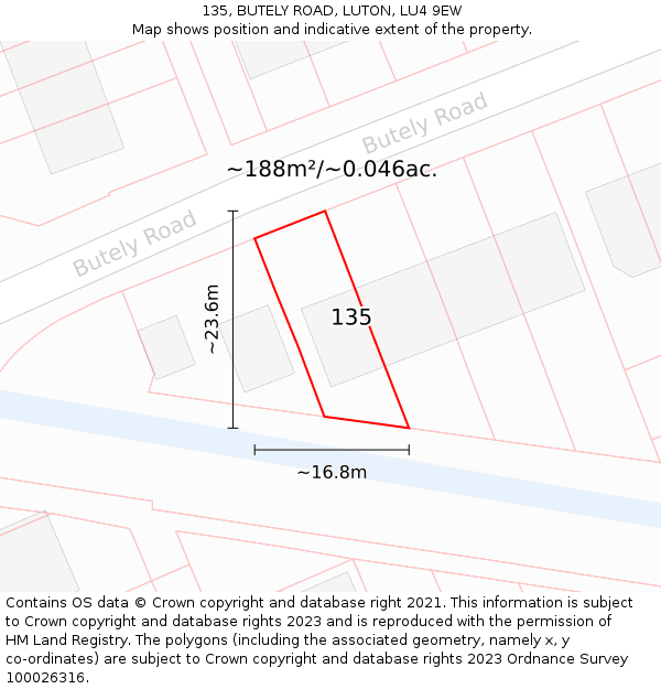 135, BUTELY ROAD, LUTON, LU4 9EW: Plot and title map