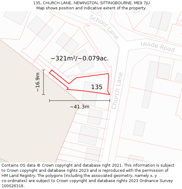 135, CHURCH LANE, NEWINGTON, SITTINGBOURNE, ME9 7JU: Plot and title map