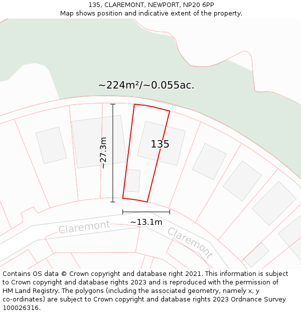 135, CLAREMONT, NEWPORT, NP20 6PP: Plot and title map