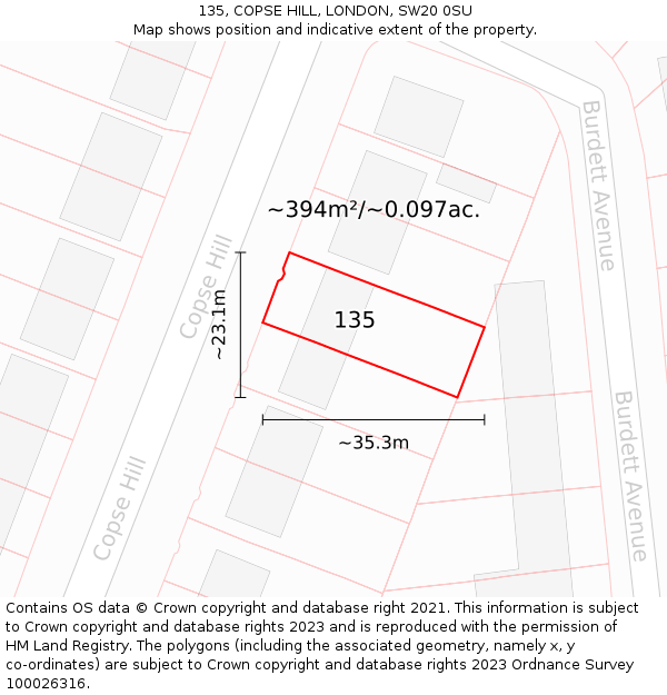 135, COPSE HILL, LONDON, SW20 0SU: Plot and title map