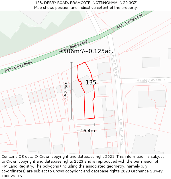 135, DERBY ROAD, BRAMCOTE, NOTTINGHAM, NG9 3GZ: Plot and title map