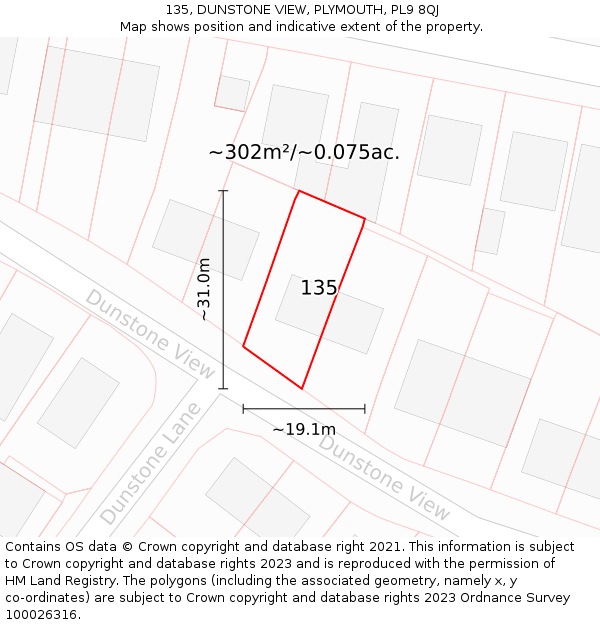 135, DUNSTONE VIEW, PLYMOUTH, PL9 8QJ: Plot and title map