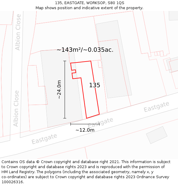 135, EASTGATE, WORKSOP, S80 1QS: Plot and title map