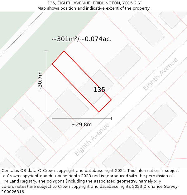 135, EIGHTH AVENUE, BRIDLINGTON, YO15 2LY: Plot and title map