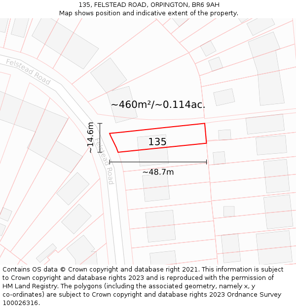 135, FELSTEAD ROAD, ORPINGTON, BR6 9AH: Plot and title map