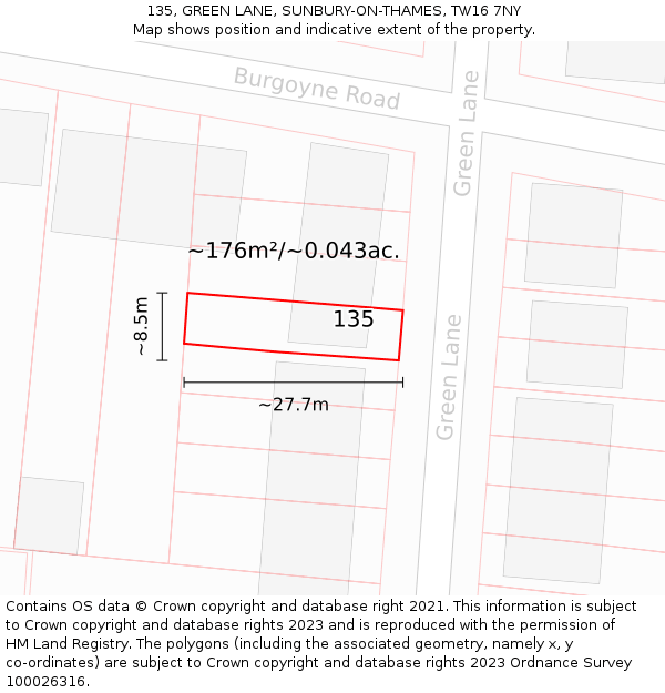135, GREEN LANE, SUNBURY-ON-THAMES, TW16 7NY: Plot and title map