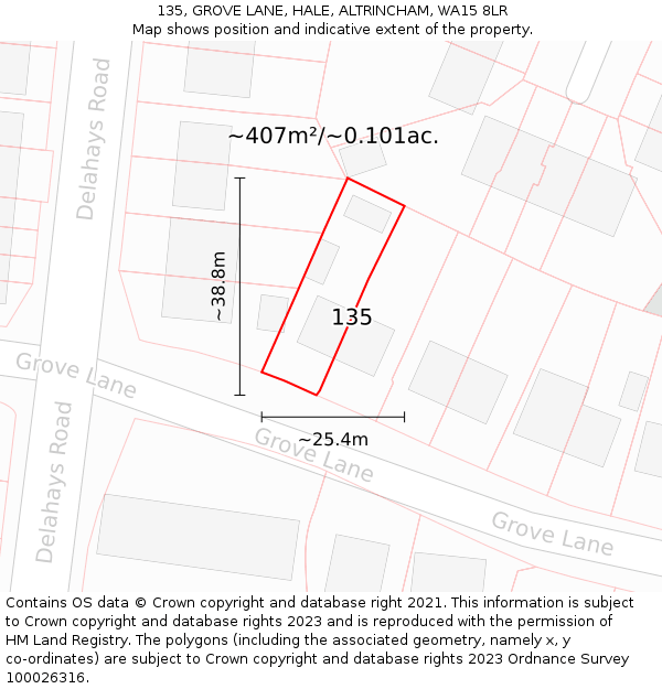 135, GROVE LANE, HALE, ALTRINCHAM, WA15 8LR: Plot and title map