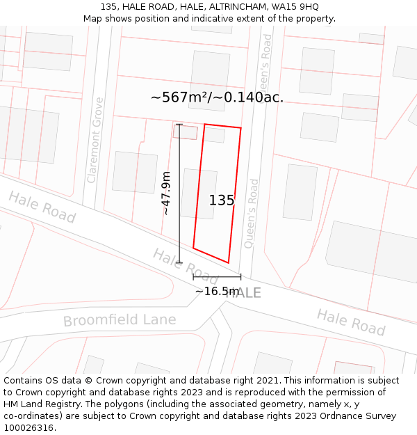 135, HALE ROAD, HALE, ALTRINCHAM, WA15 9HQ: Plot and title map