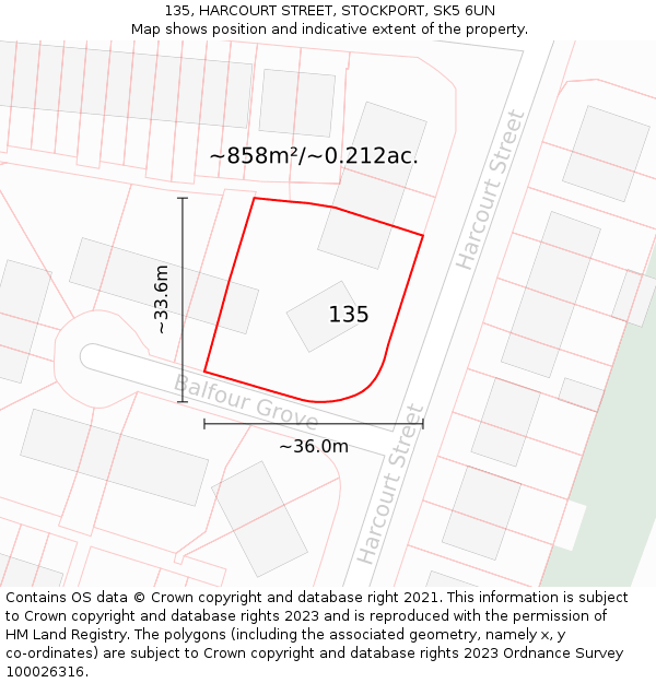 135, HARCOURT STREET, STOCKPORT, SK5 6UN: Plot and title map