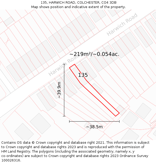 135, HARWICH ROAD, COLCHESTER, CO4 3DB: Plot and title map