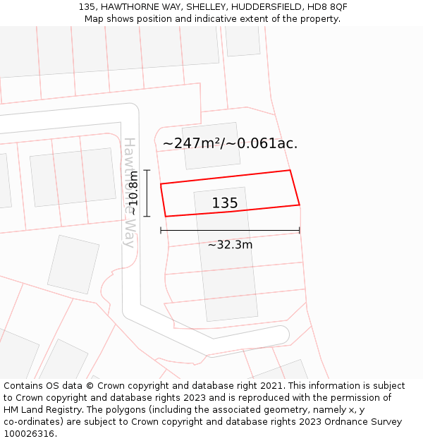 135, HAWTHORNE WAY, SHELLEY, HUDDERSFIELD, HD8 8QF: Plot and title map