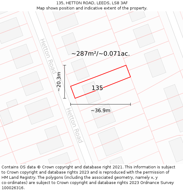 135, HETTON ROAD, LEEDS, LS8 3AF: Plot and title map