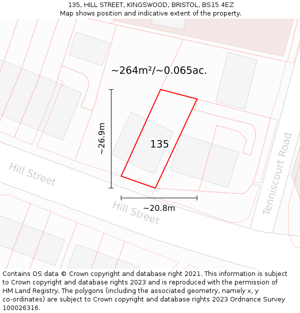 135, HILL STREET, KINGSWOOD, BRISTOL, BS15 4EZ: Plot and title map