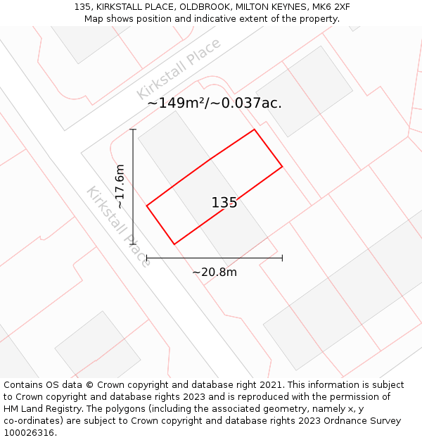 135, KIRKSTALL PLACE, OLDBROOK, MILTON KEYNES, MK6 2XF: Plot and title map