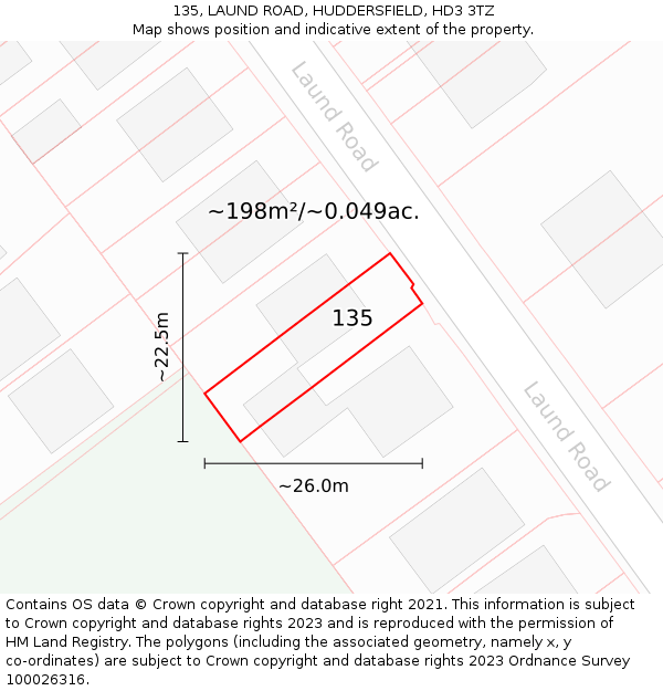 135, LAUND ROAD, HUDDERSFIELD, HD3 3TZ: Plot and title map