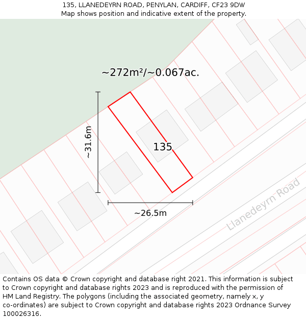 135, LLANEDEYRN ROAD, PENYLAN, CARDIFF, CF23 9DW: Plot and title map