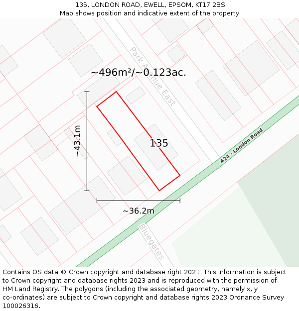 135, LONDON ROAD, EWELL, EPSOM, KT17 2BS: Plot and title map