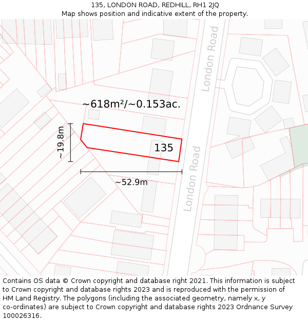 135, LONDON ROAD, REDHILL, RH1 2JQ: Plot and title map