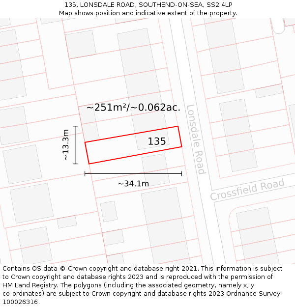 135, LONSDALE ROAD, SOUTHEND-ON-SEA, SS2 4LP: Plot and title map