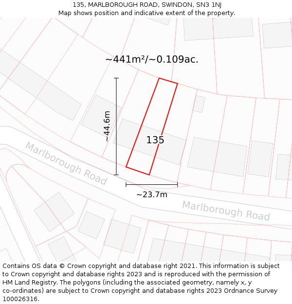 135, MARLBOROUGH ROAD, SWINDON, SN3 1NJ: Plot and title map