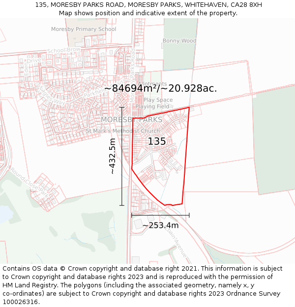 135, MORESBY PARKS ROAD, MORESBY PARKS, WHITEHAVEN, CA28 8XH: Plot and title map