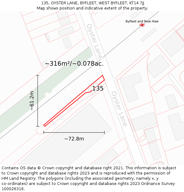 135, OYSTER LANE, BYFLEET, WEST BYFLEET, KT14 7JJ: Plot and title map