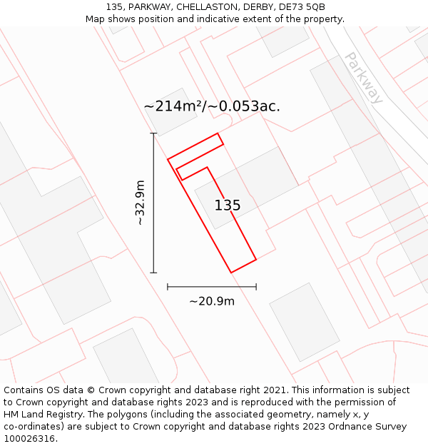 135, PARKWAY, CHELLASTON, DERBY, DE73 5QB: Plot and title map