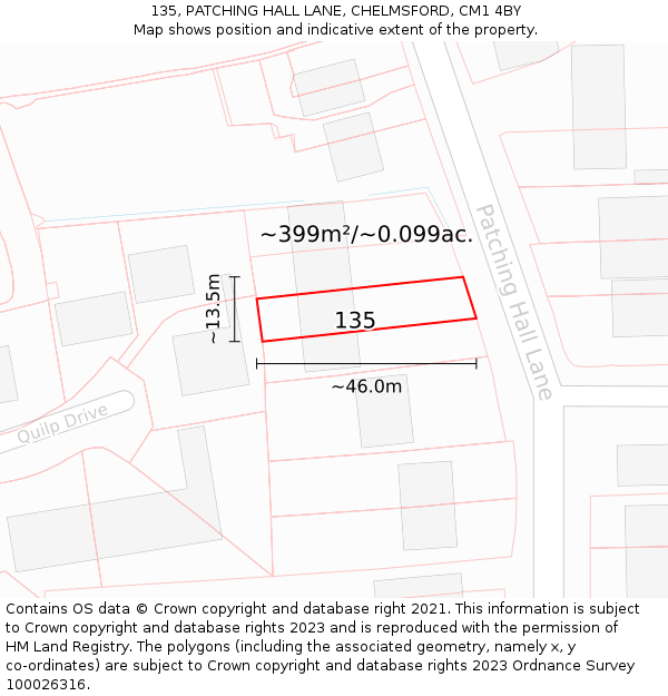 135, PATCHING HALL LANE, CHELMSFORD, CM1 4BY: Plot and title map