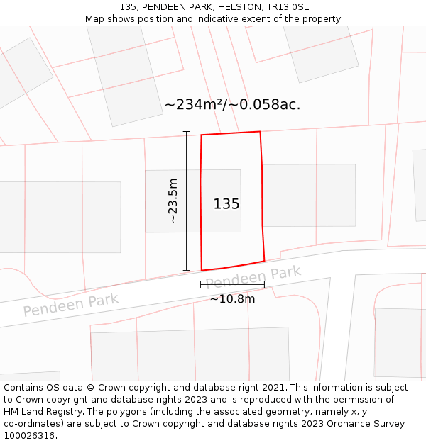 135, PENDEEN PARK, HELSTON, TR13 0SL: Plot and title map