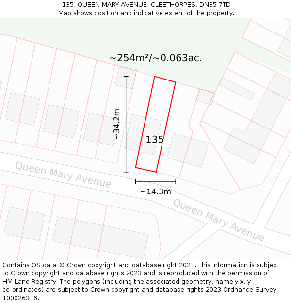 135, QUEEN MARY AVENUE, CLEETHORPES, DN35 7TD: Plot and title map