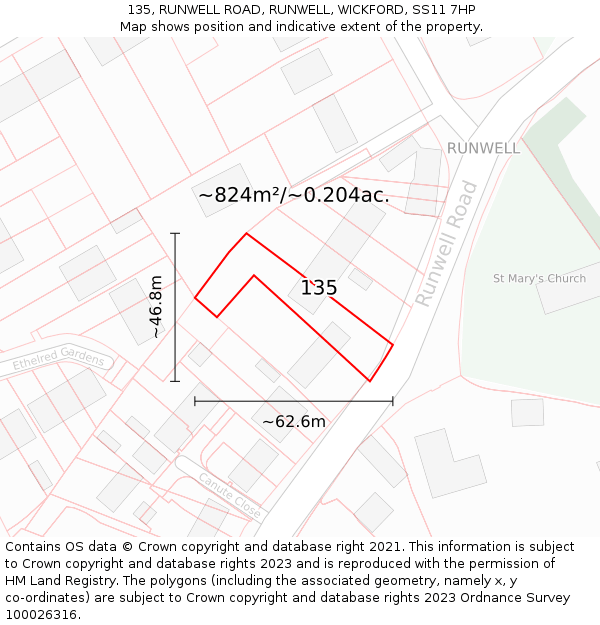 135, RUNWELL ROAD, RUNWELL, WICKFORD, SS11 7HP: Plot and title map