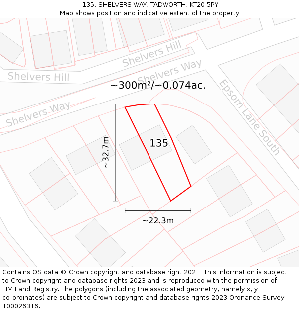 135, SHELVERS WAY, TADWORTH, KT20 5PY: Plot and title map