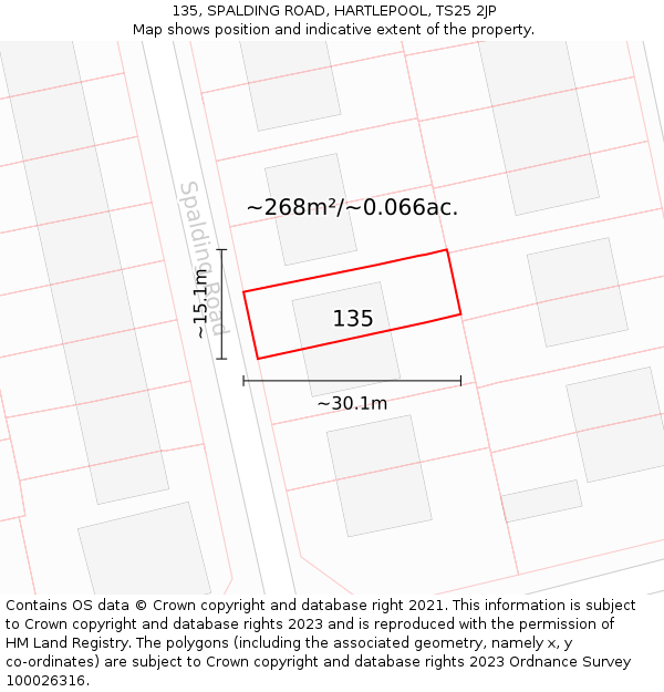 135, SPALDING ROAD, HARTLEPOOL, TS25 2JP: Plot and title map