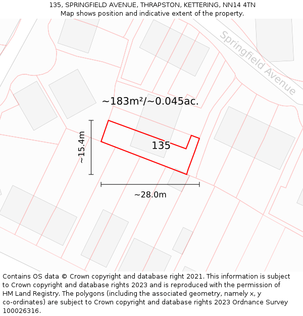 135, SPRINGFIELD AVENUE, THRAPSTON, KETTERING, NN14 4TN: Plot and title map