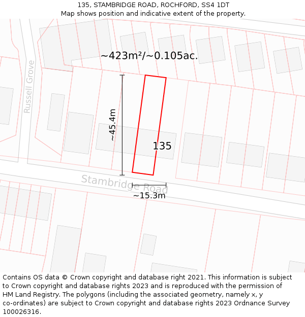 135, STAMBRIDGE ROAD, ROCHFORD, SS4 1DT: Plot and title map