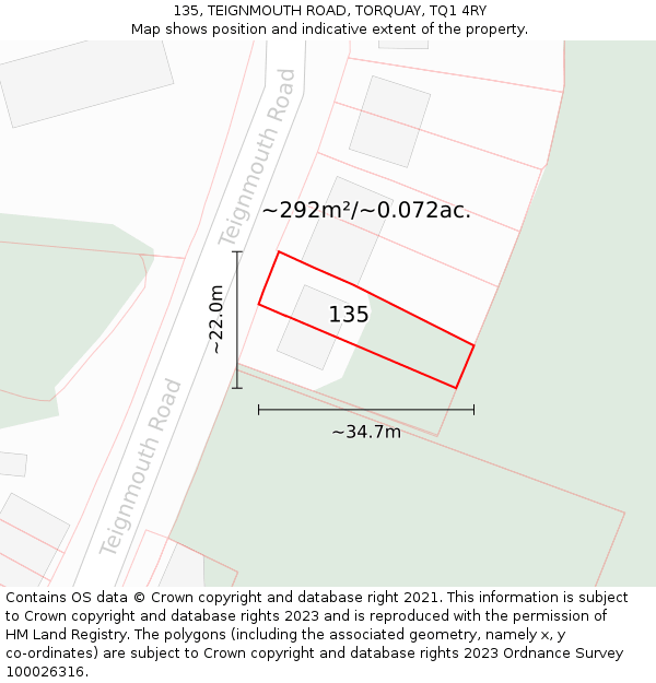 135, TEIGNMOUTH ROAD, TORQUAY, TQ1 4RY: Plot and title map