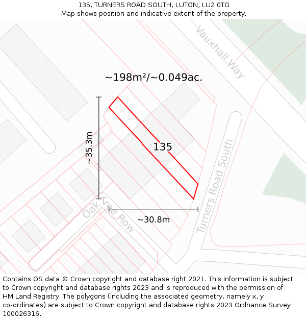 135, TURNERS ROAD SOUTH, LUTON, LU2 0TG: Plot and title map