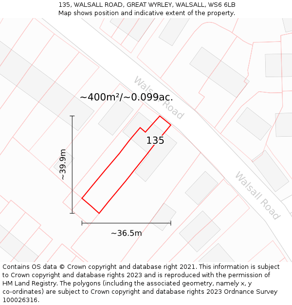 135, WALSALL ROAD, GREAT WYRLEY, WALSALL, WS6 6LB: Plot and title map