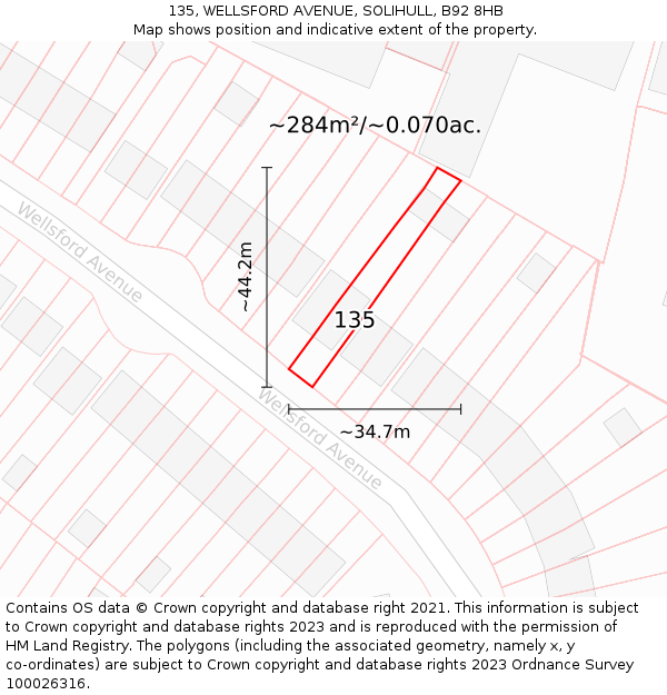 135, WELLSFORD AVENUE, SOLIHULL, B92 8HB: Plot and title map