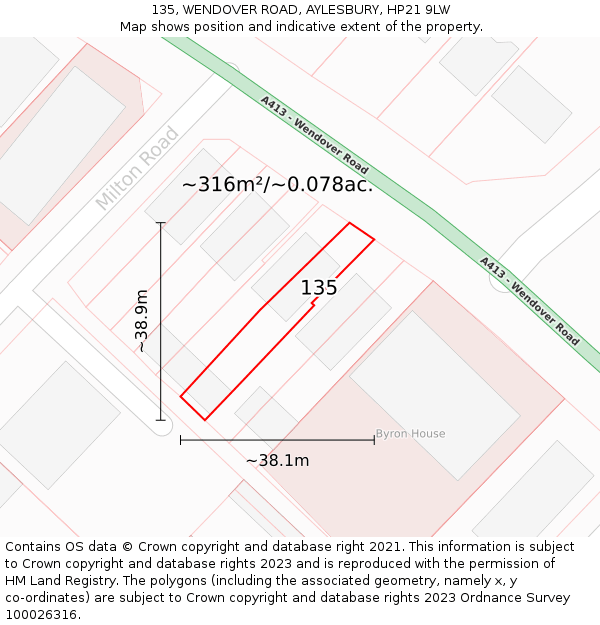 135, WENDOVER ROAD, AYLESBURY, HP21 9LW: Plot and title map